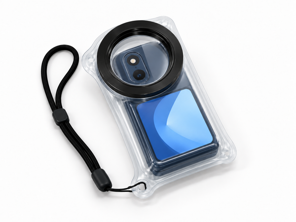 iPhone Duo inside an Outex waterproof phone case with a black wrist strap, featuring a large black circular lens protector and a blue reflective inner panel, shown on a white background.