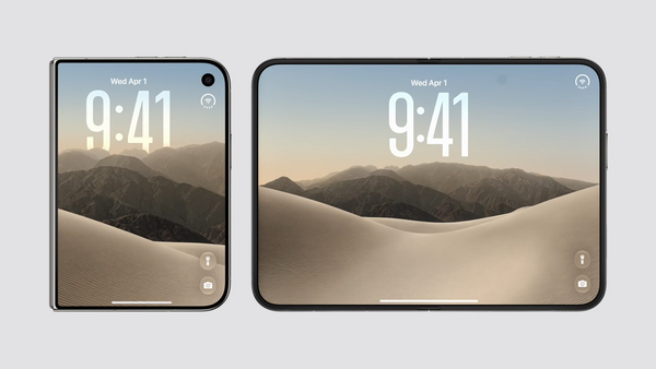 Two iPhone Duos shown side by side on a light gray background, one folded and one unfolded, both with black bezels and a desert mountain wallpaper. The open phone has a prominent top-rimless screen, and the closed one has a small circular camera cutout near the top.