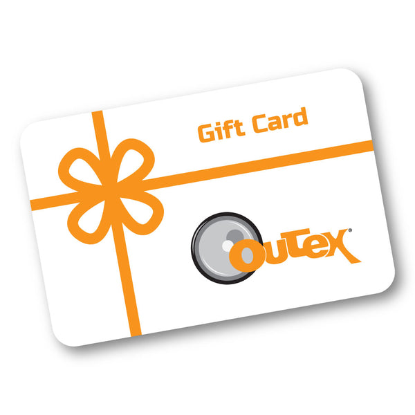 Outex Underwater Camera Housings Gift Card—ideal for camera housing or gear gifts. White card, orange ribbon, and lens graphic.