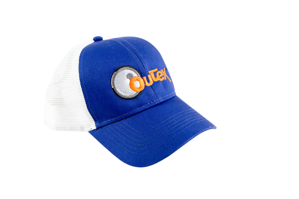 Blue and white Outex cap on a white background