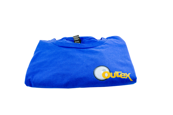 A folded blue Outex T-shirt featuring a circular logo and yellow text on the front—ideal for pairing with your favorite caps.