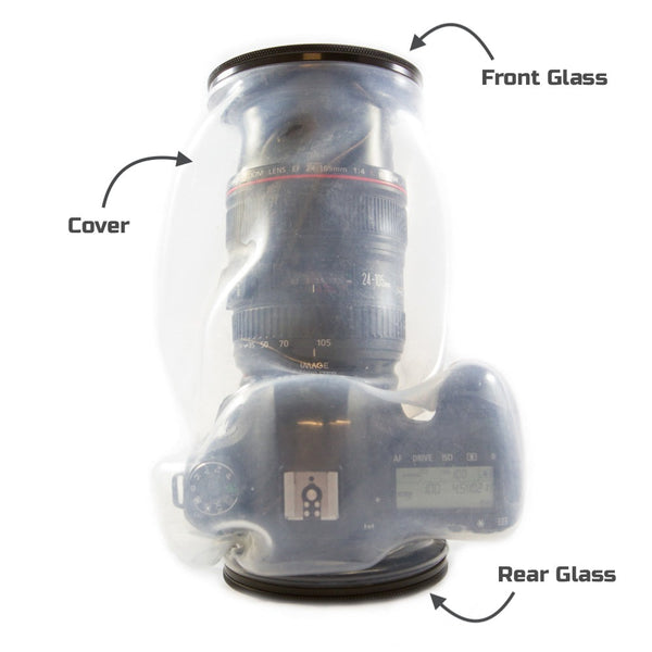 The Outex Camera Pro Kit shows a DSLR with lens in a transparent waterproof case, highlighting pro housing, front glass, and rear glass labels.