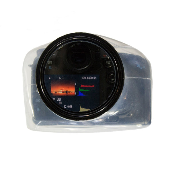 The Outex Camera Pro Kit shows a photo and histogram on its screen, seen from the back in a waterproof case against a white background.