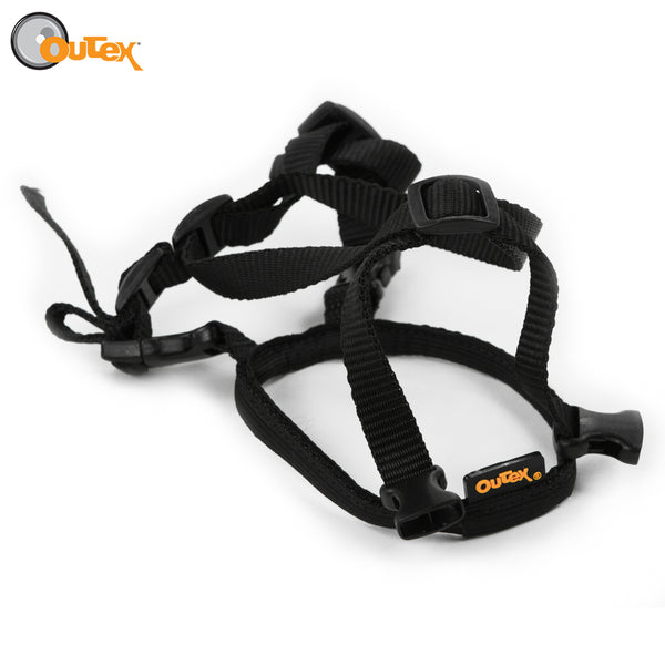 A black Outex strap holder on a white background