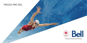 A dynamic, high-action Olympic commercial shot of swimmer Maggie Mac Neil performing the butterfly stroke underwater, framed within a minimalist blue and white geometric design ad campaign