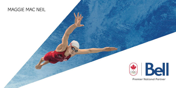 A dynamic, high-action Olympic commercial shot of swimmer Maggie Mac Neil performing the butterfly stroke underwater, framed within a minimalist blue and white geometric design ad campaign