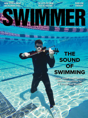 July–August 2026 SWIMMER magazine cover featuring Chad Cannon posing with an electric violin underwater.