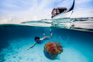 Outex underwater camera housing system in use by professional photographer
