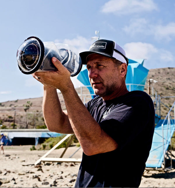 Cinematographer Mathew Sutherland using Outex waterproof camera housing with Lumix GH5 II during surf shoot for The California Double short film