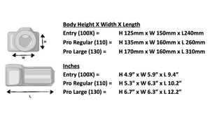 Outex underwater housing cover size comparison — Entry 100, Pro Regular 110, Pro Large 130