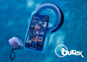 Outex waterproof phone case with glass dome port floating on water surface