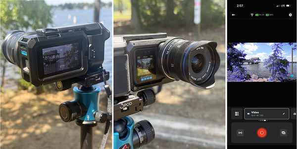 A three-panel collage showing a handheld video GoPro camera mounted on a tripod outdoors, with the camera body and lens visible from different angles, alongside a smartphone screen displaying the camera app interface.