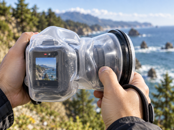 A GoPro Mission1 Pro ILS camera with an micro four-thirds lens inside a clear Outex Entry Kit waterproof housing against a blurred coastal background with ocean, rocks, and trees.