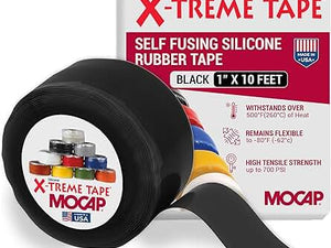 Black silicone tape with X-Treme Tape packaging on a white background