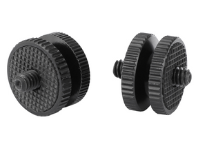 Dos tornillos estabilizadores de cámara de montaje en trípode Outex negros, tamaño 1/4"-20 con bordes estriados, mostrados sobre fondo blanco.