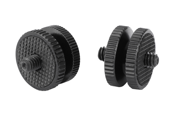 Two black Outex Tripod Mount Camera Stabilizer Screws, 1/4"-20 size with ridged edges, shown on a white background.
