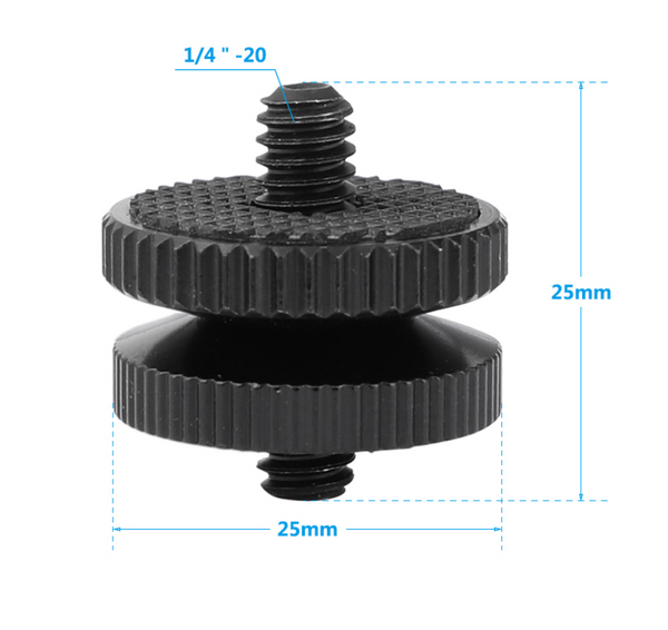 The Outex Tripod Mount Camera Stabilizer Screw is a black metal 1/4"-20 adapter, 25mm wide/tall—ideal for stabilizers or tripod mounting.