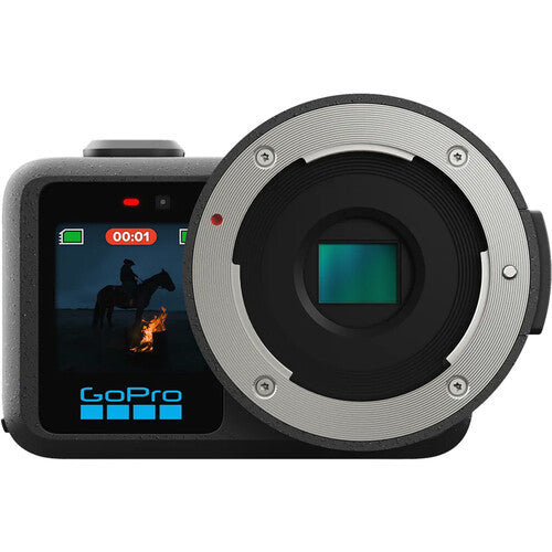 GoPro Mission 1 ILS camera with screen displaying a horse and bonfire scene on a white background