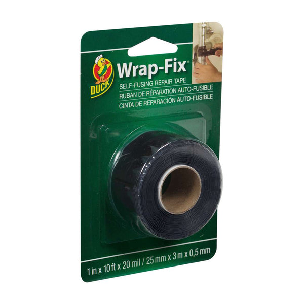 Packaged roll of Wrap-Fix self-fusing repair tape with Duct brand logo on a white background.