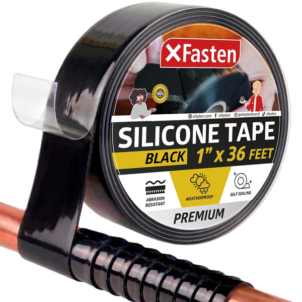 Roll of XFasten silicone tape with a cable wrapped around it on a white background
