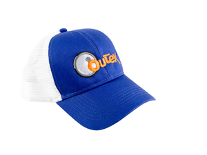 Blue and white Outex cap on a white background