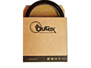A cardboard box with an Outex front glass inside