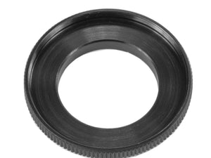 A black step up ring on a white background